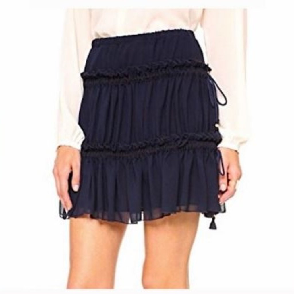 See By Chloe Navy Blue Cinched Ruffle Sheer Mini Skirt M